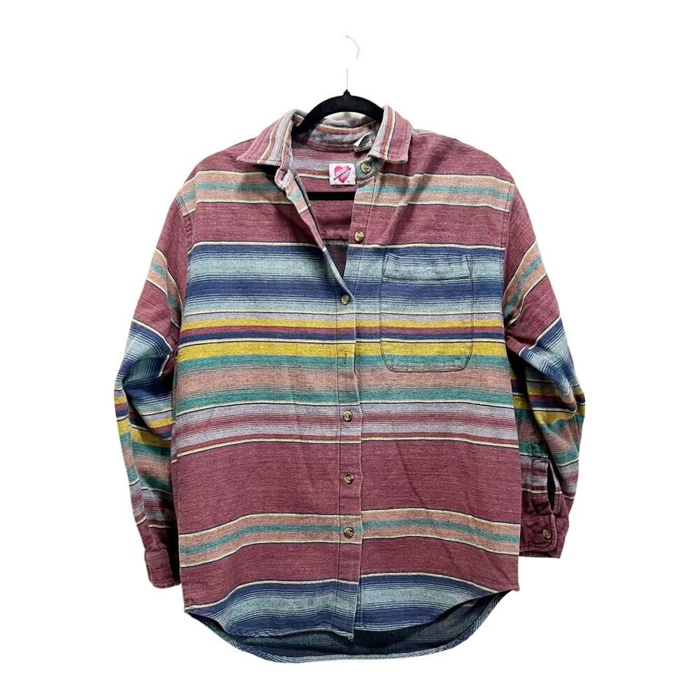 Vintage Canvas Striped Beach Retro Button Down Shirt Oversized Boyfriend Sz L